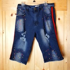 Blind Trust Denim Cotton Blend Distressed Paint Splattered Jean Shorts